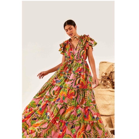 FARM Rio Dresses & Skirts - Farm Rio Pink Tropical Parrot Tiered Maxi Dress Flutter Sleeve Womens Size L